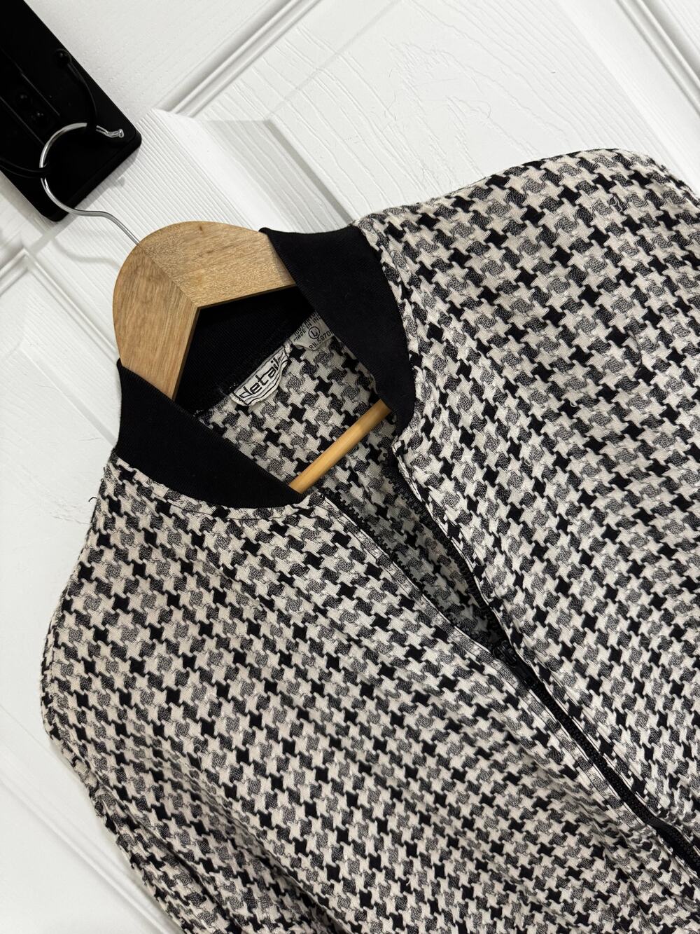 Vintage Details Houndstooth Bomber Jacket L Black White Zip Up 90s